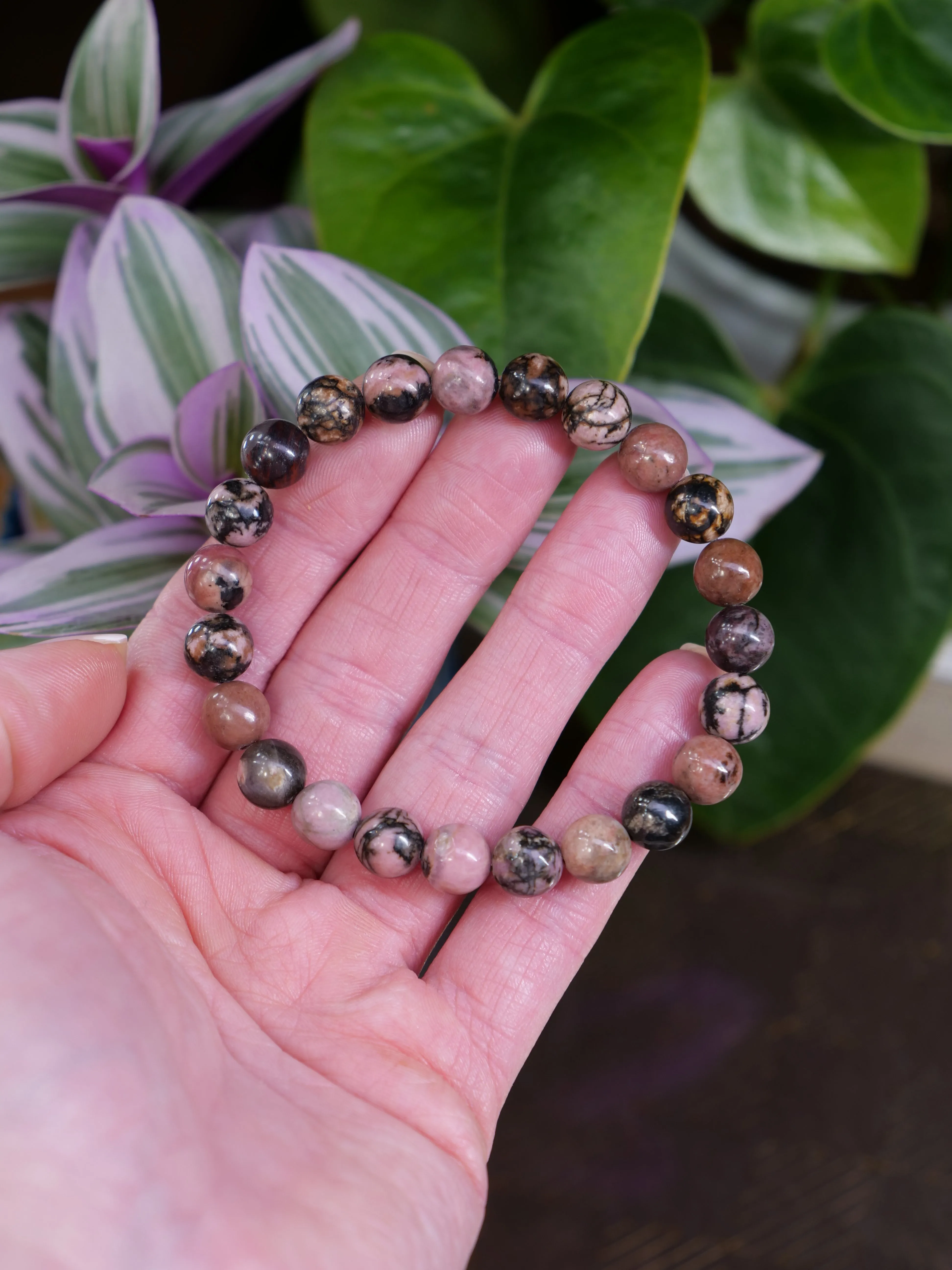 Rhodonite 8mm Beaded Natural Gemstone Elastic Bracelet, Genuine Top Grade Gift Jewelry, Men Women Fashion Crystal Energy Jewellery