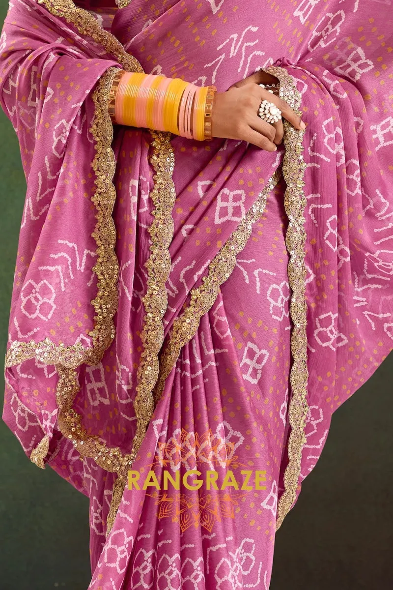 Rose Pink Bandhani Pure Chiffon Saree with Embroidered Border
