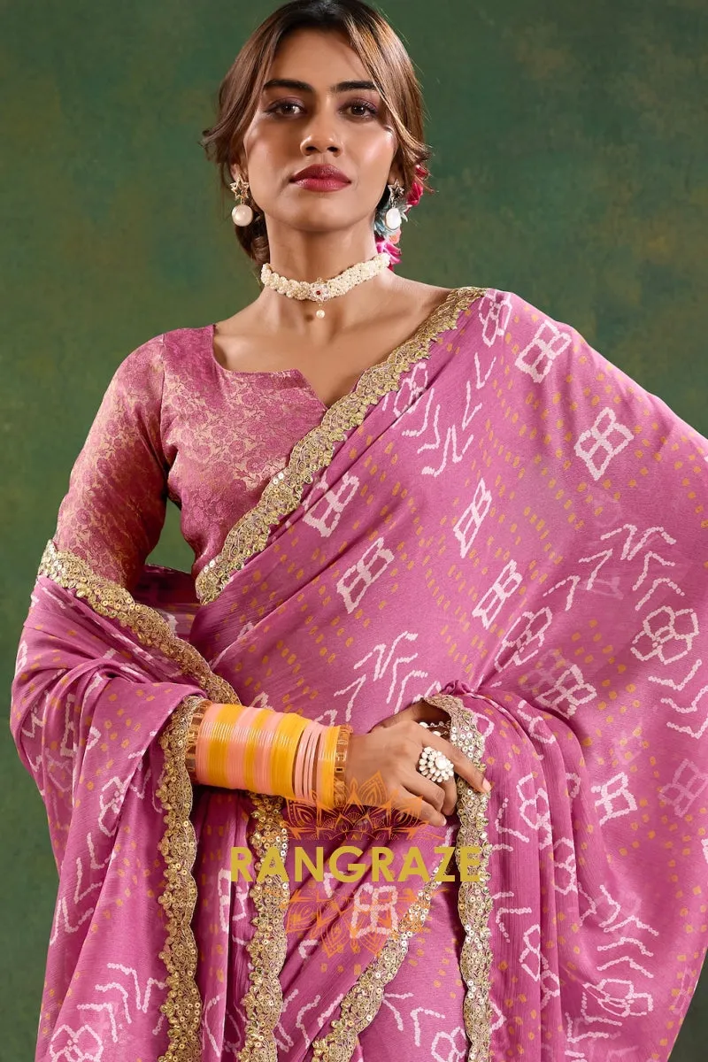 Rose Pink Bandhani Pure Chiffon Saree with Embroidered Border