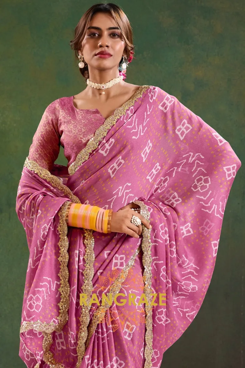 Rose Pink Bandhani Pure Chiffon Saree with Embroidered Border