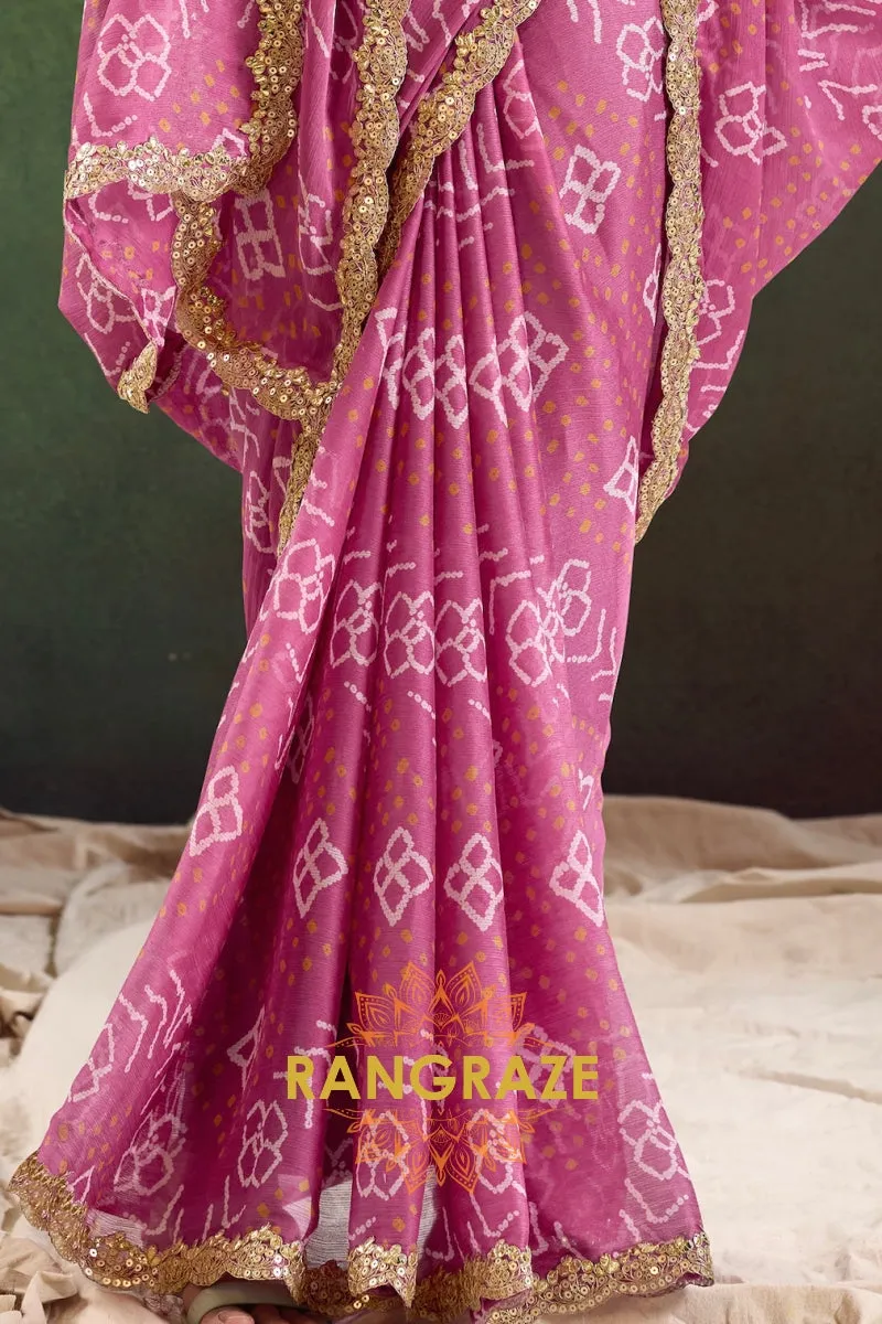 Rose Pink Bandhani Pure Chiffon Saree with Embroidered Border