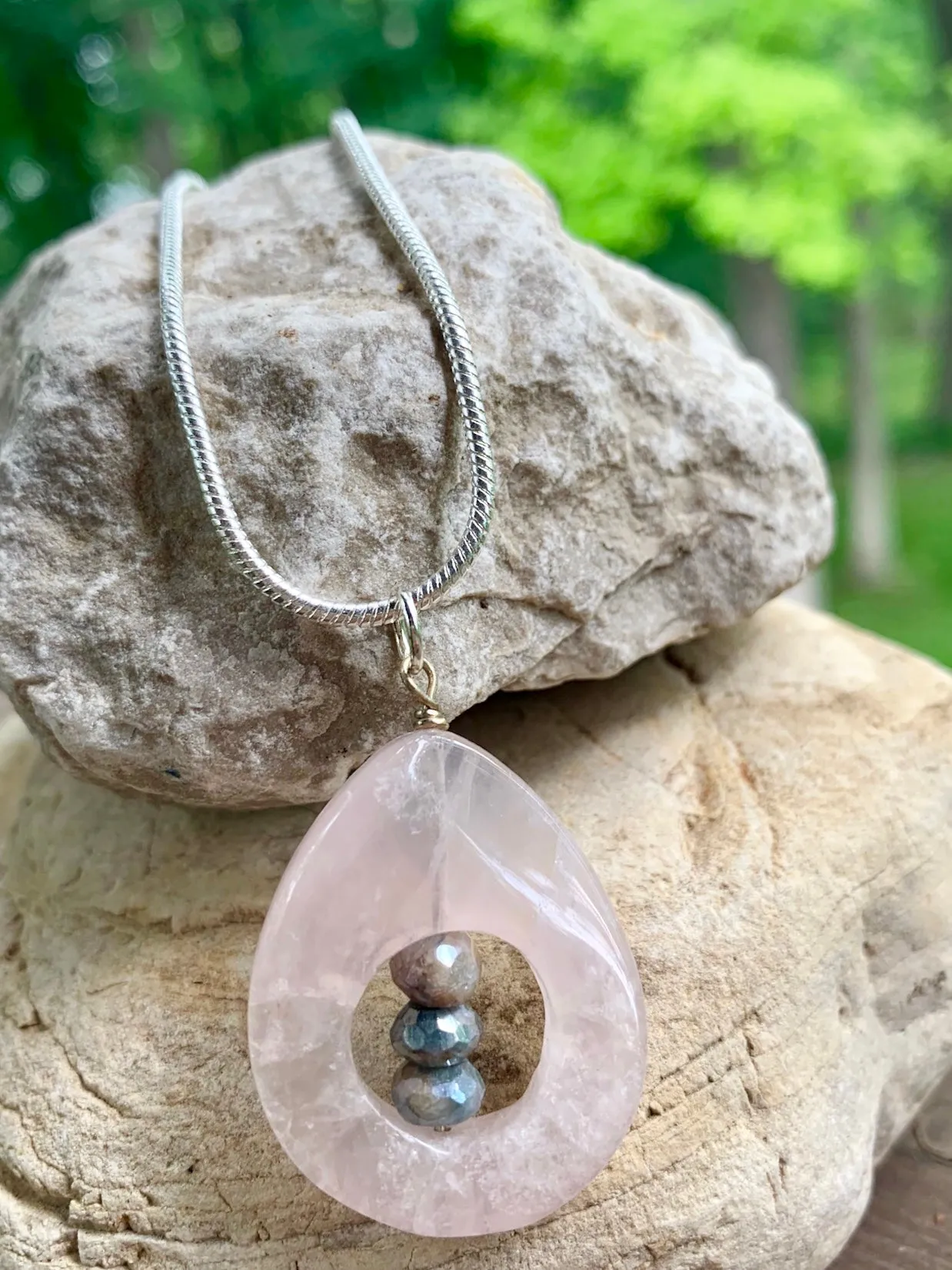 Rose Quartz, Silverite and Sterling Silver Pendant