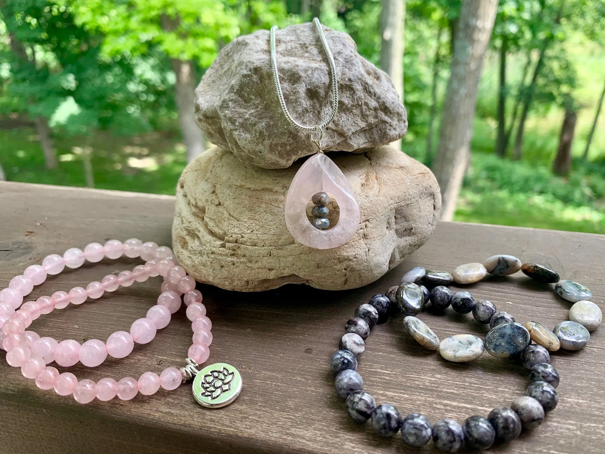 Rose Quartz, Silverite and Sterling Silver Pendant