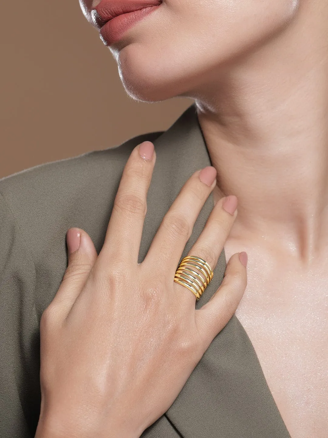 Rubans Valentine  18KT Gold Plated Bold & Fashionable Multi-Band Adjustable Finger Ring