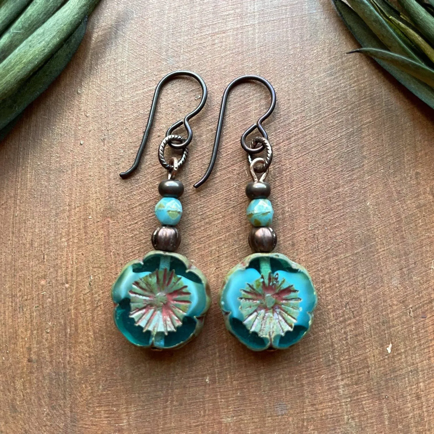 Rustic Flower Earrings - Aqua Blue Swirl Hypoallergenic Wire