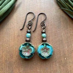 Rustic Flower Earrings - Aqua Blue Swirl Hypoallergenic Wire