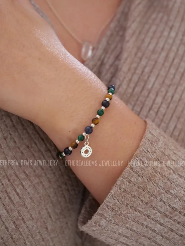 Sapphire Tiger's Eye Malachite 4mm Beaded Natural Gemstone Sterling Silver Elastic Bracelet, Genuine Top Grade Gift Jewelry, Women Jewellery