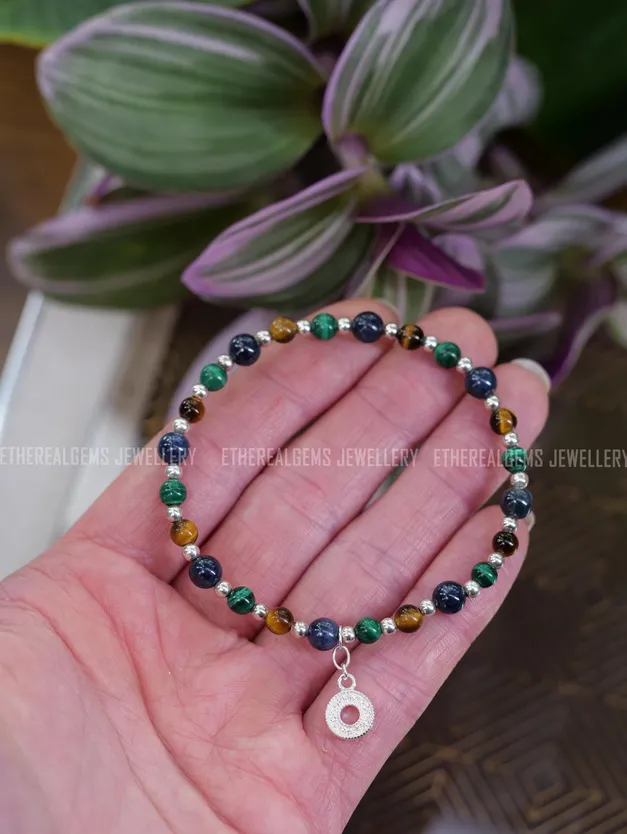 Sapphire Tiger's Eye Malachite 4mm Beaded Natural Gemstone Sterling Silver Elastic Bracelet, Genuine Top Grade Gift Jewelry, Women Jewellery