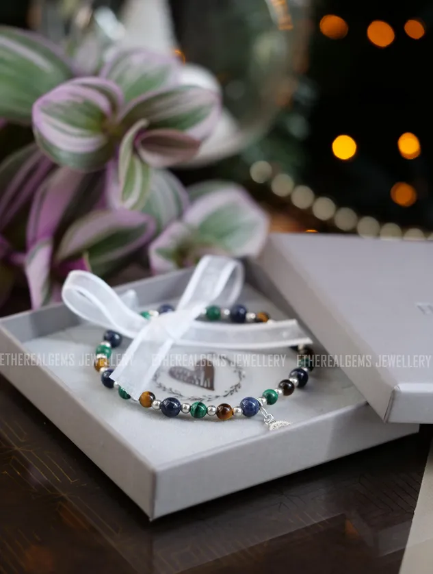 Sapphire Tiger's Eye Malachite 4mm Beaded Natural Gemstone Sterling Silver Elastic Bracelet, Genuine Top Grade Gift Jewelry, Women Jewellery