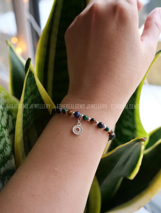 Sapphire Tiger's Eye Malachite 4mm Beaded Natural Gemstone Sterling Silver Elastic Bracelet, Genuine Top Grade Gift Jewelry, Women Jewellery