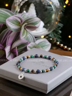 Sapphire Tiger's Eye Malachite 4mm Beaded Natural Gemstone Sterling Silver Elastic Bracelet, Genuine Top Grade Gift Jewelry, Women Jewellery