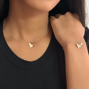 Set of 2 Butterfly Pendant Gold-Toned Necklace & Bracelet