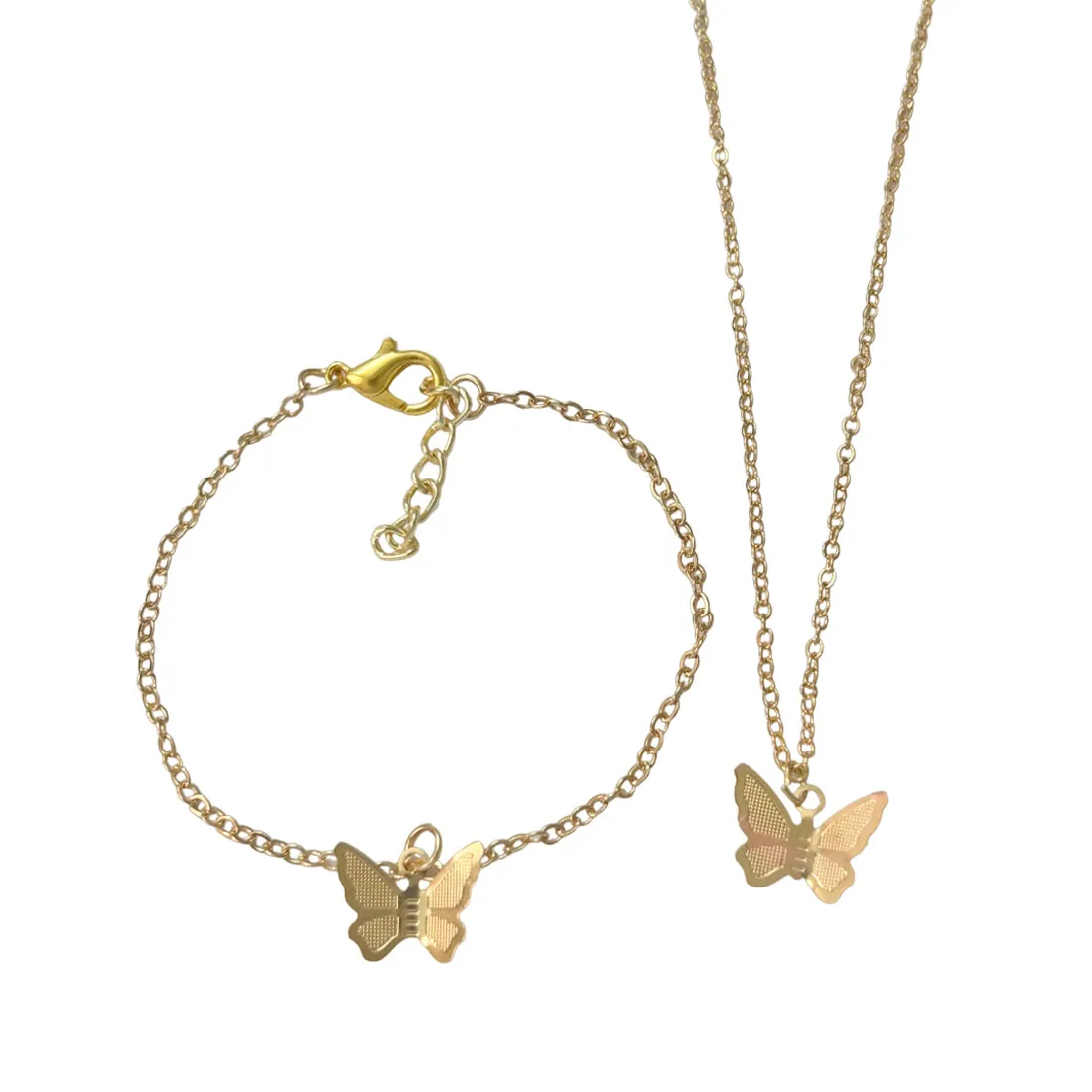 Set of 2 Butterfly Pendant Gold-Toned Necklace & Bracelet