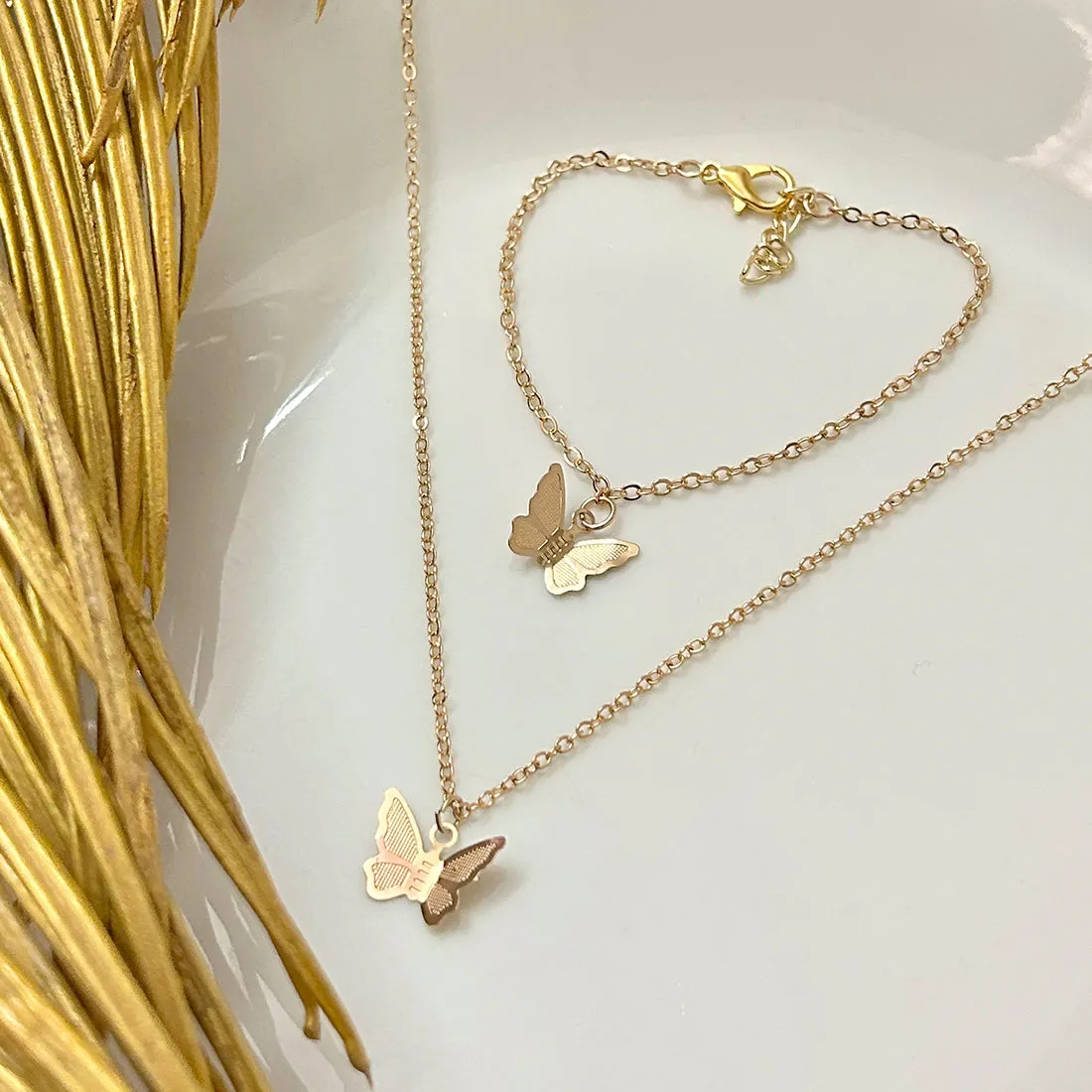 Set of 2 Butterfly Pendant Gold-Toned Necklace & Bracelet