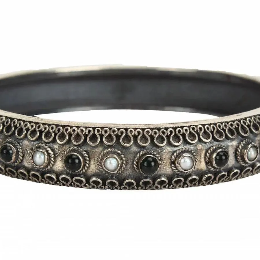 Silver Oxidised Pearl Green Bangle