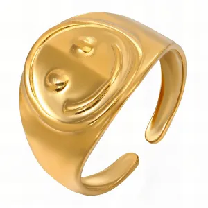 Smiley Face Signet Ring – 18K Gold-Plated, Adjustable & Hypoallergenic