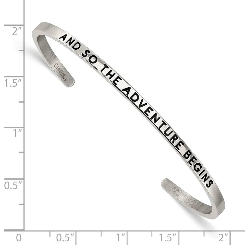 Stainless Steel Polished Enamel/Crystal ADVENTURE BEGINS 3mm Bangle