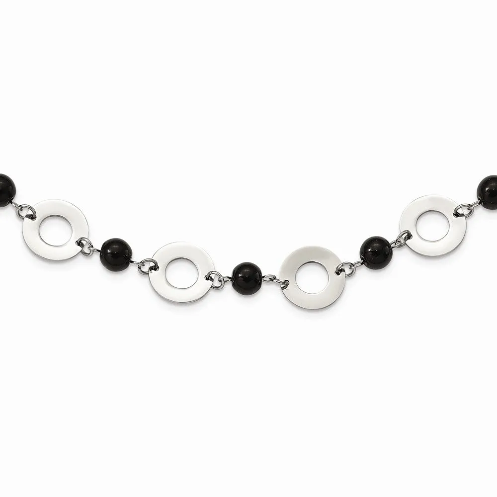 Stainless Steel Polished Leather with Black Agate 1.5in ext. Necklace