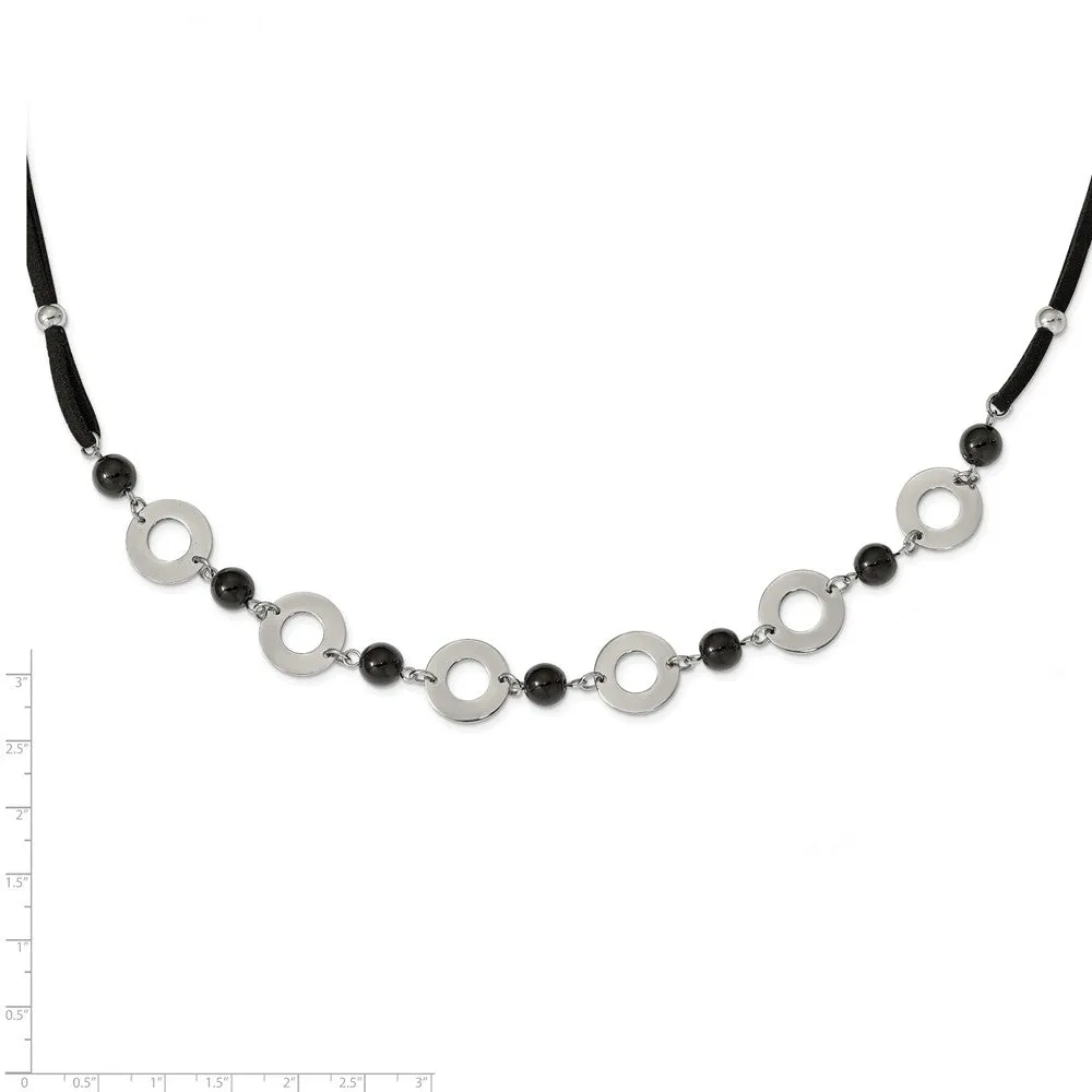 Stainless Steel Polished Leather with Black Agate 1.5in ext. Necklace
