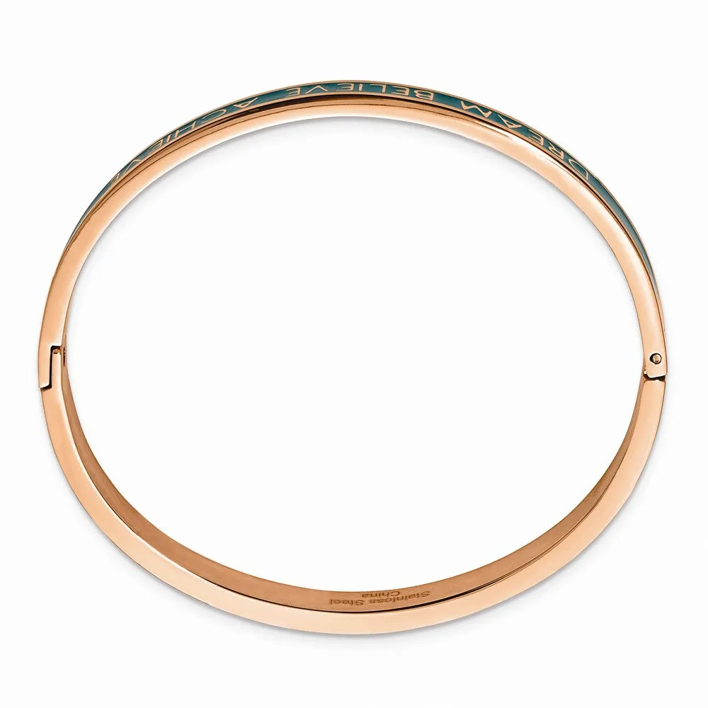 Stainless Steel Polished Rose IP Green Enamel DREAM. 6mm Hinged Bangle