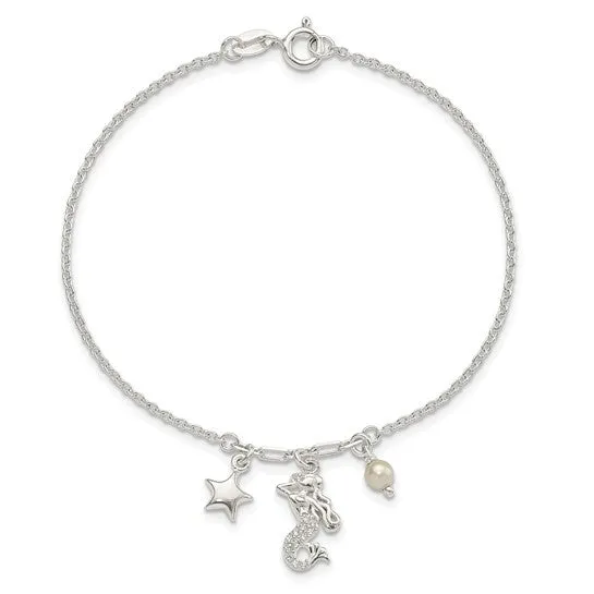 Sterling Silver CZ Mermaid/Star/Glass Pearl Bracelet