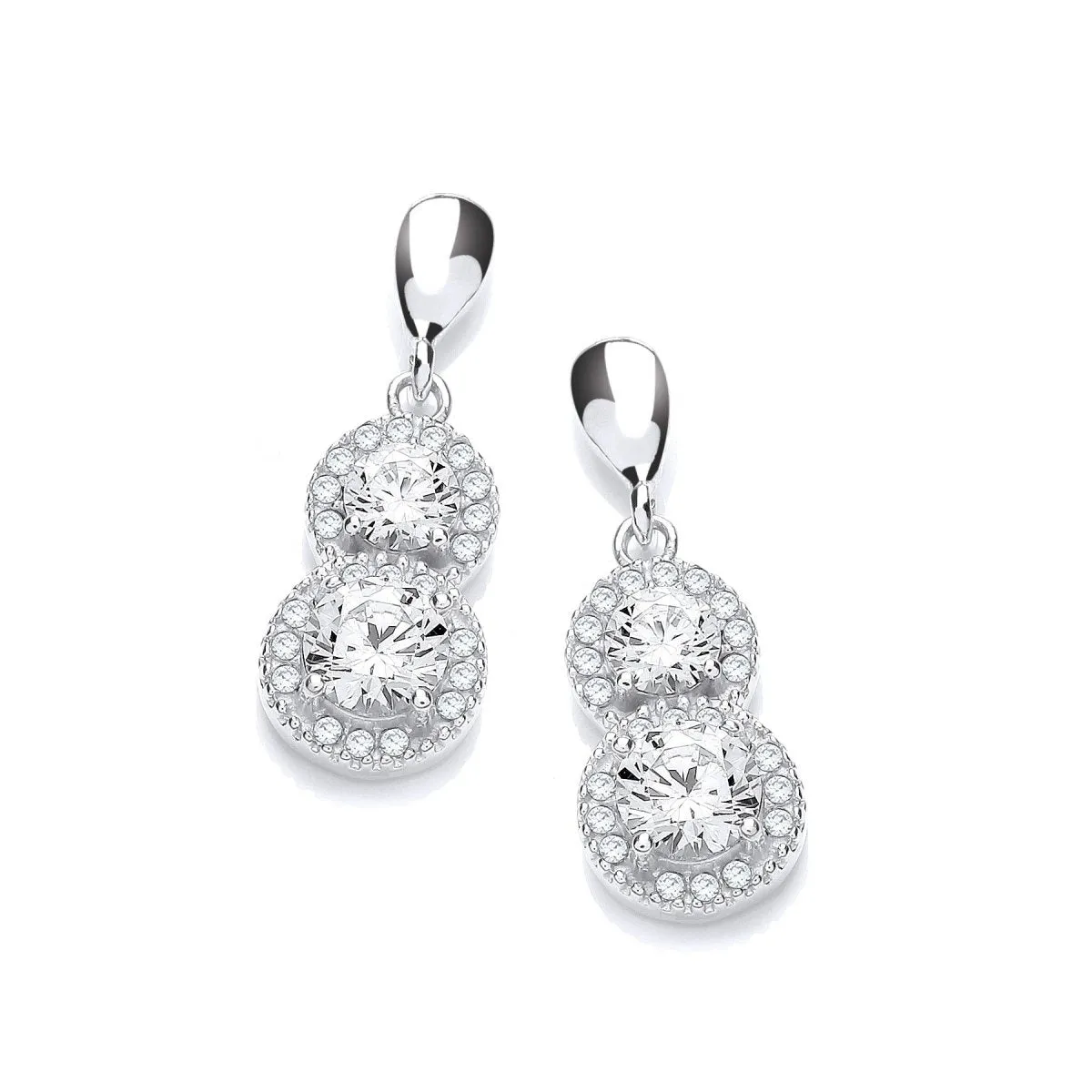 Sterling Silver Double Halo CZ Drop Earrings