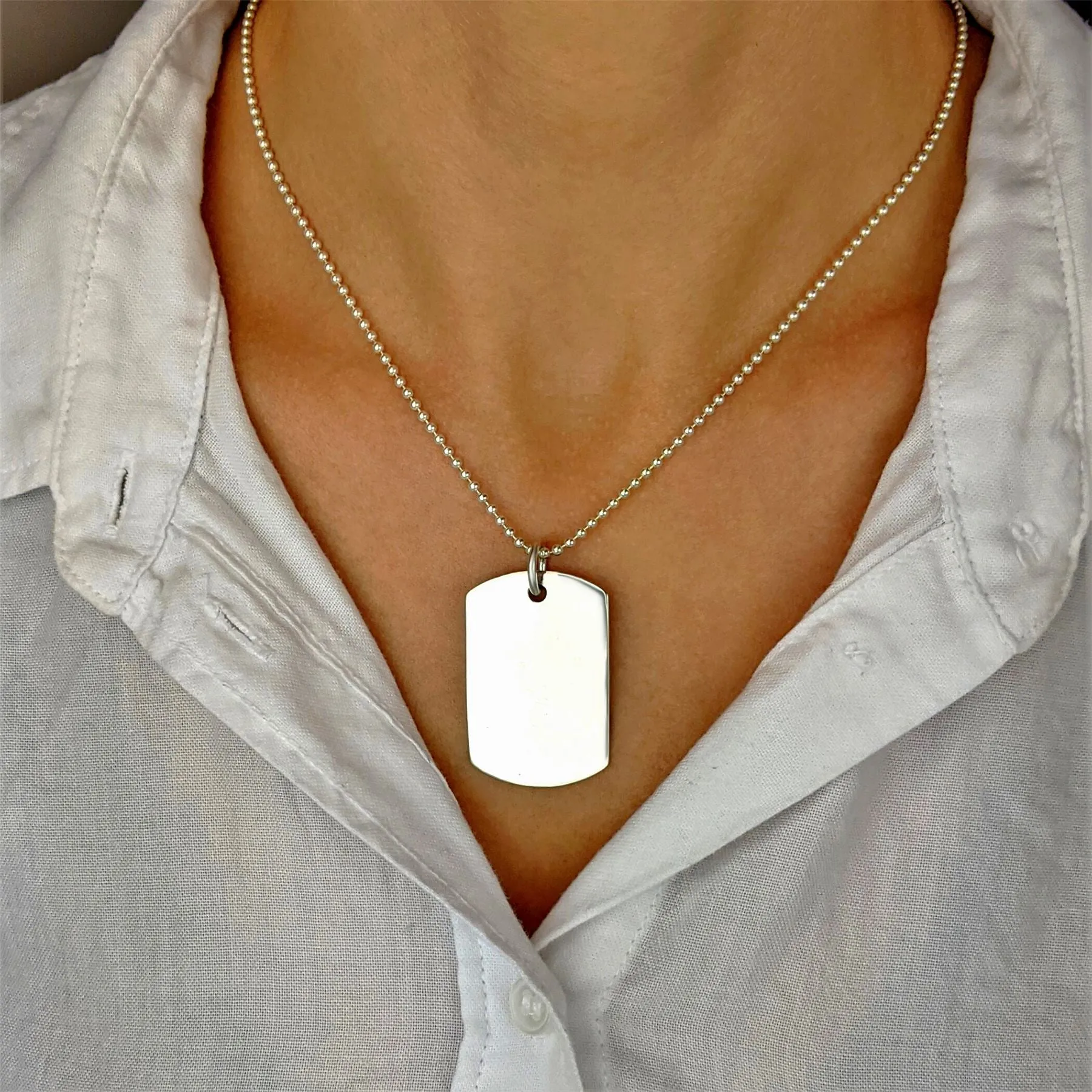 Sterling Silver Large Military Dog Tag Pendant Necklace Ball Chain