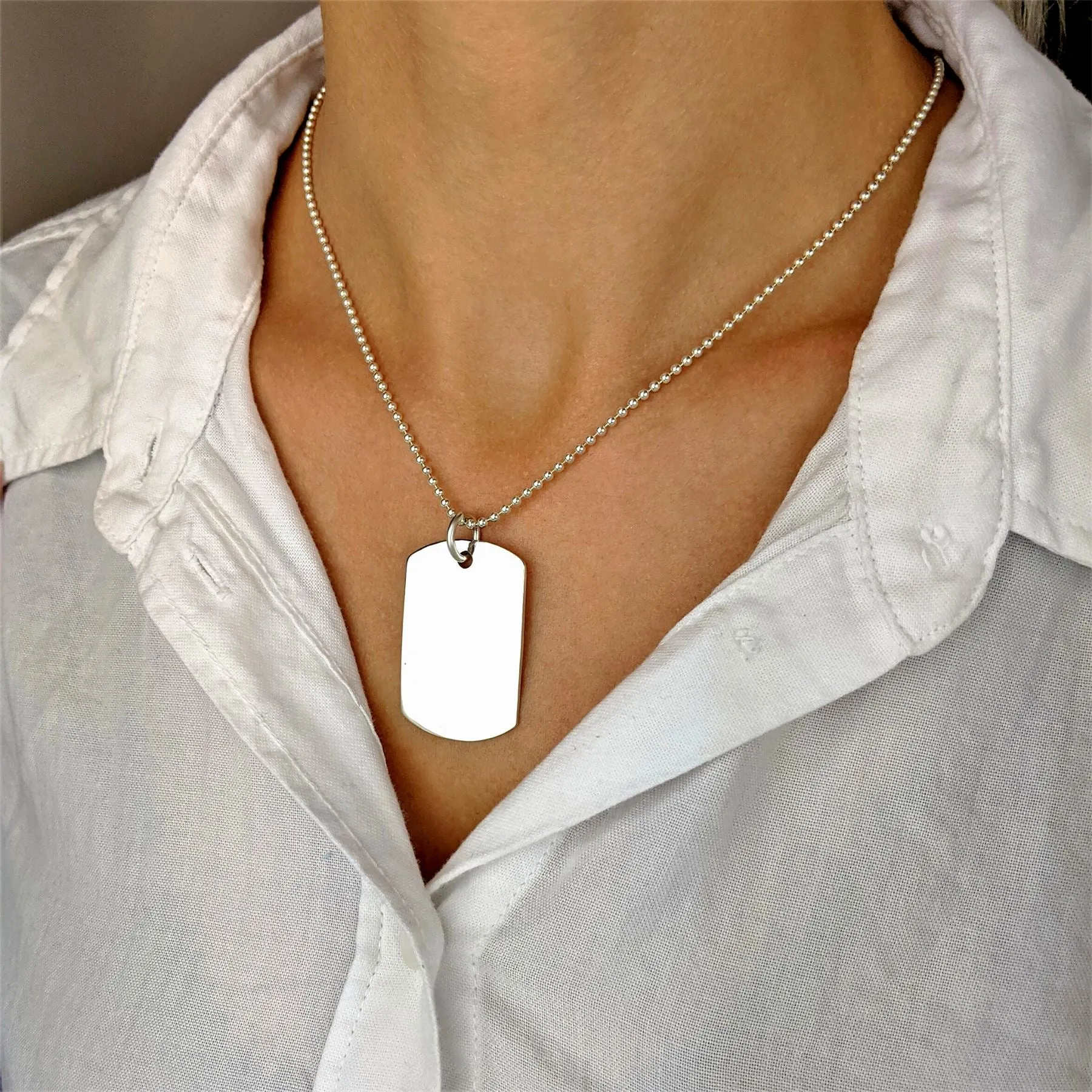 Sterling Silver Large Military Dog Tag Pendant Necklace Ball Chain
