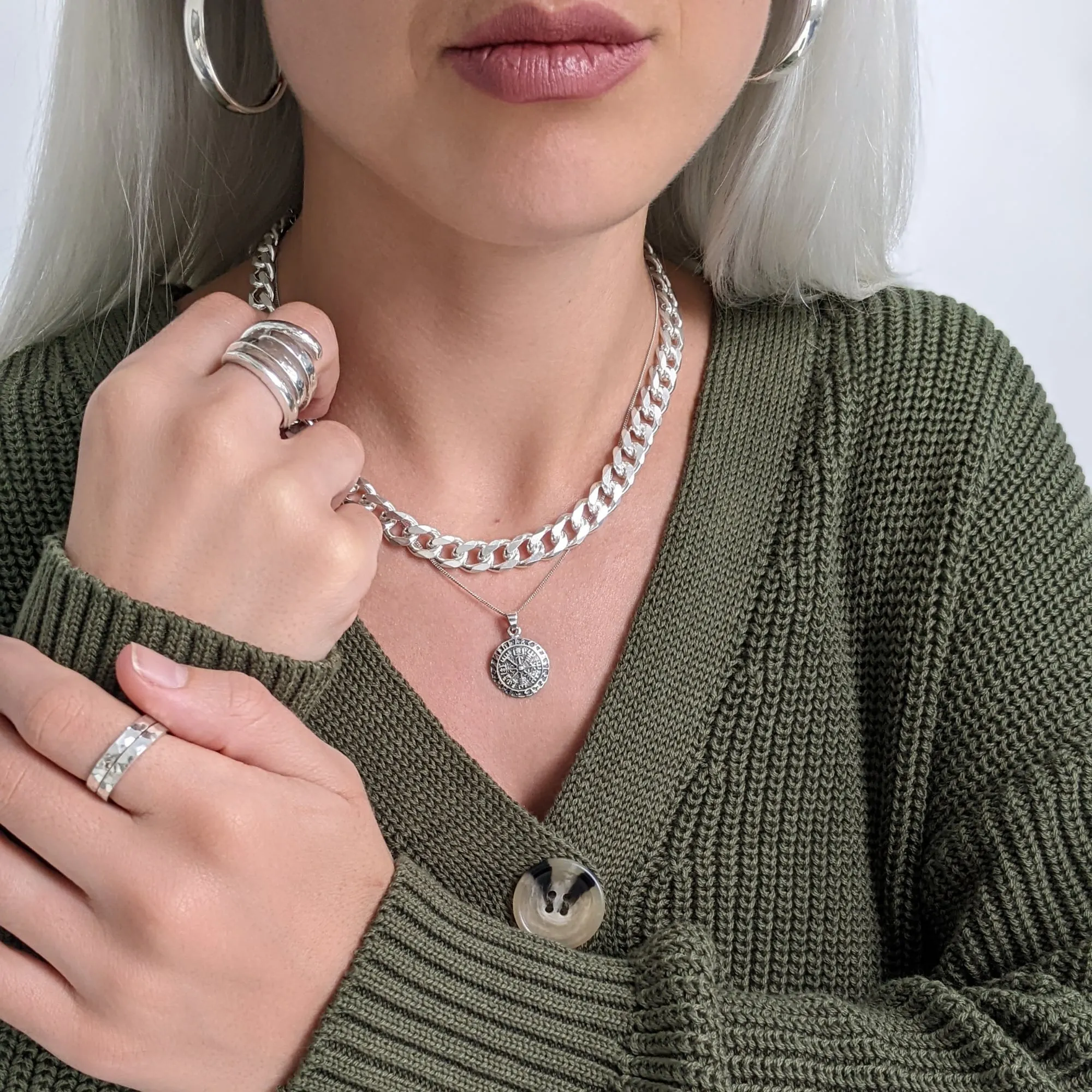 Sterling Silver Norse Helm of Awe Pendant - Coin-Shaped Viking Necklace
