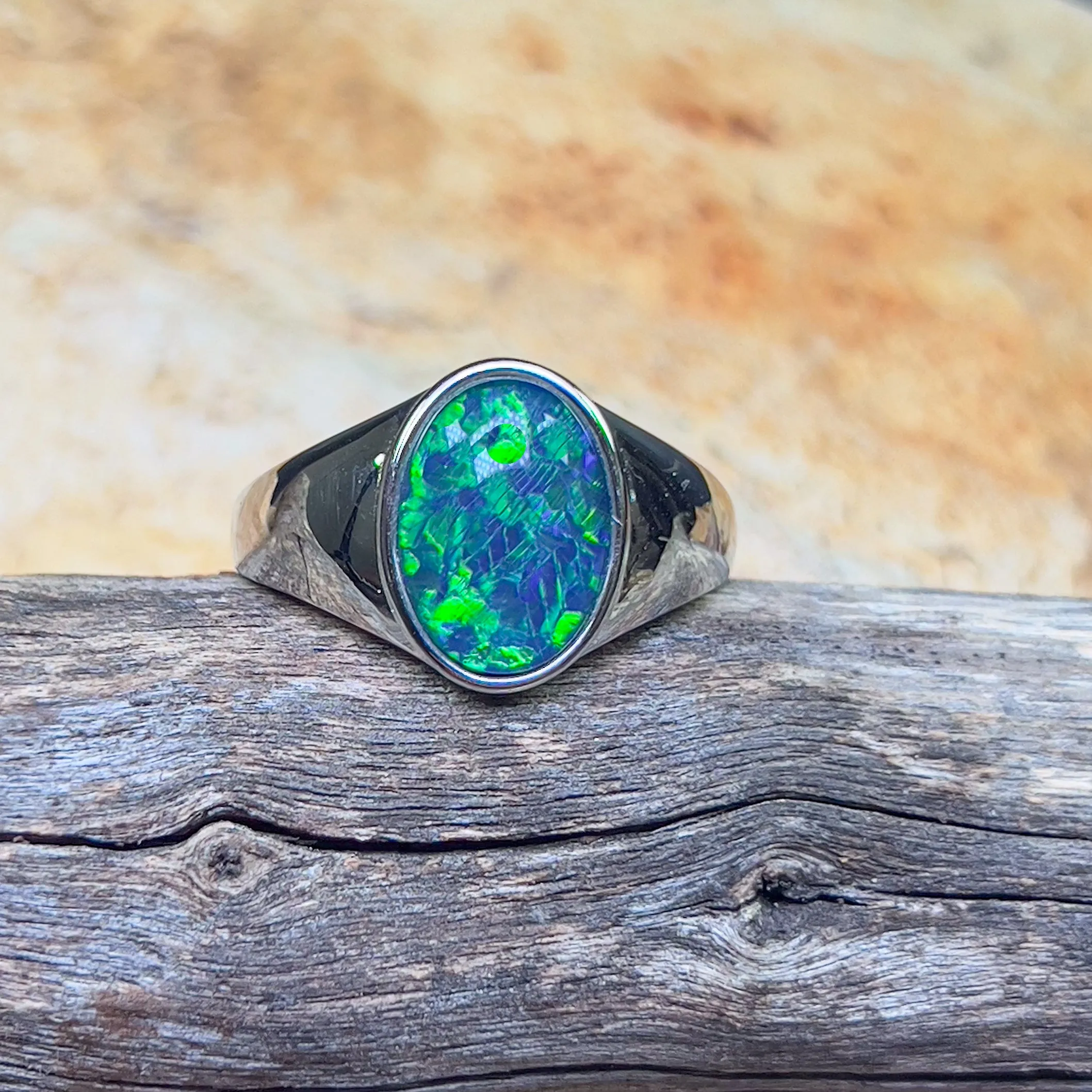 Sterling Silver Signet mens Opal triplet Blue Green ring