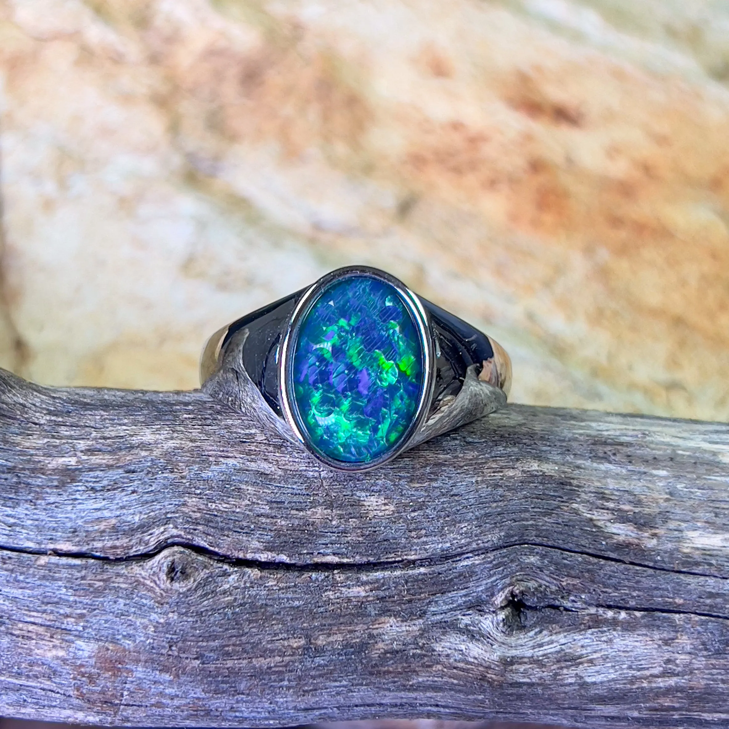 Sterling Silver Signet mens Opal triplet Blue Green ring