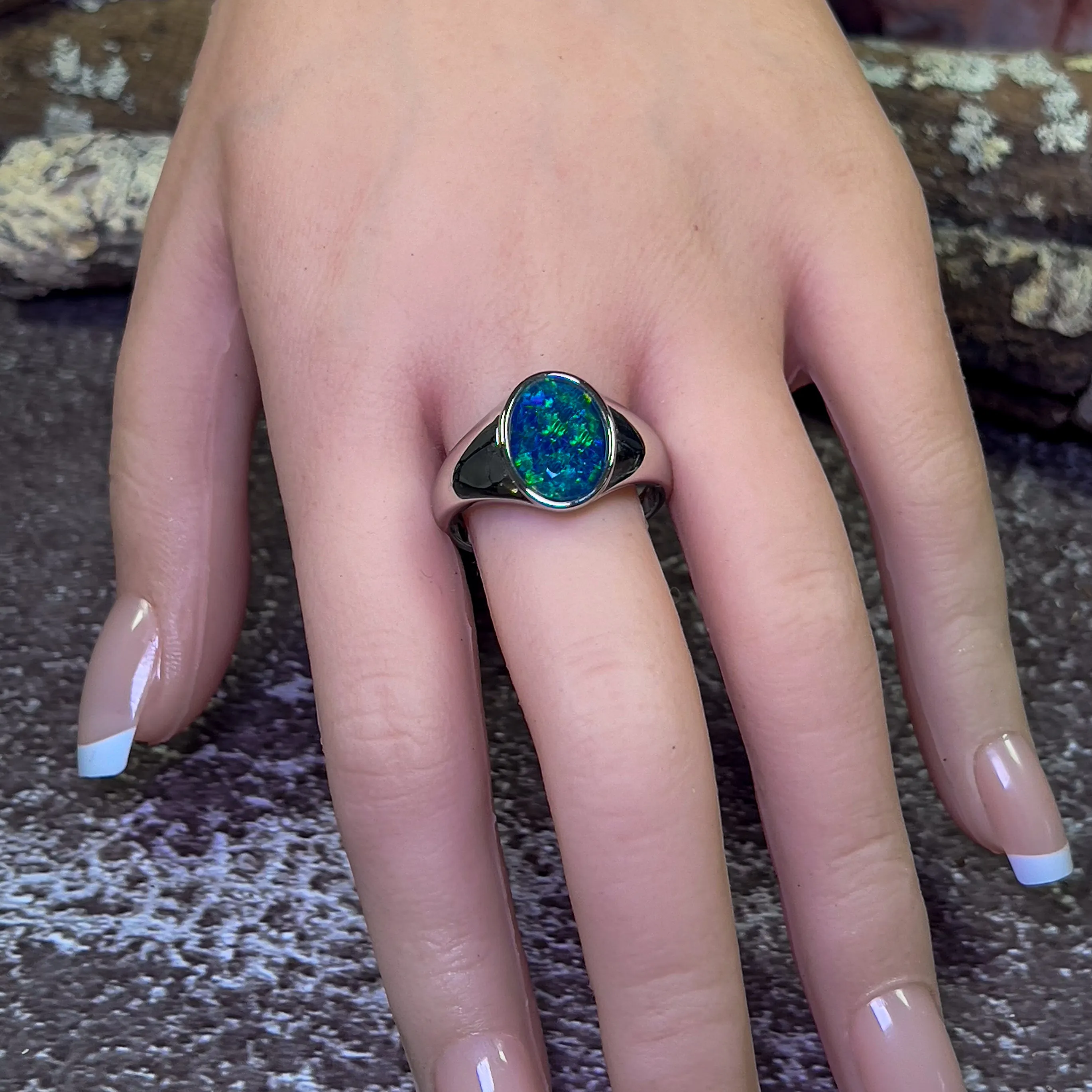Sterling Silver Signet mens Opal triplet Blue Green ring