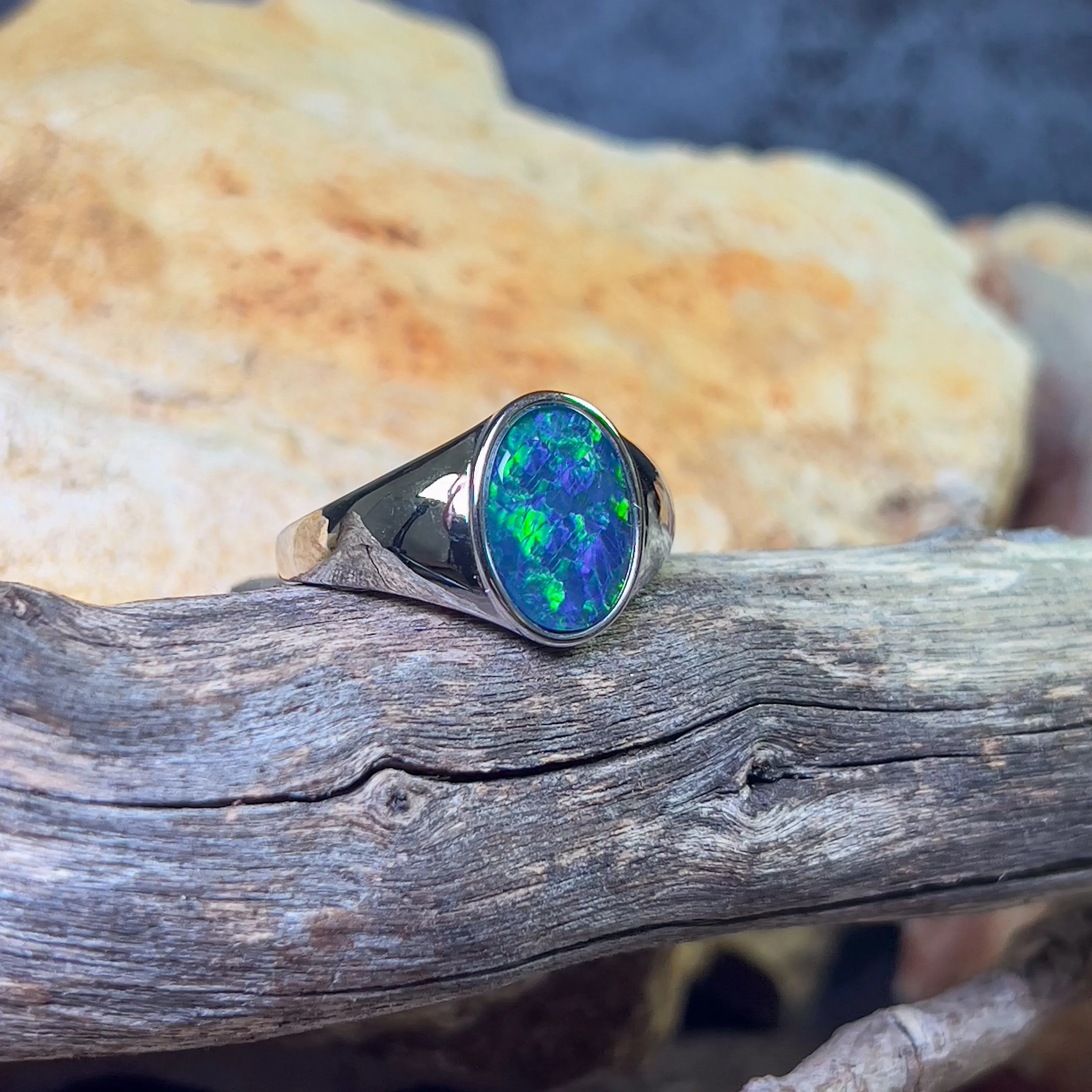 Sterling Silver Signet mens Opal triplet Blue Green ring