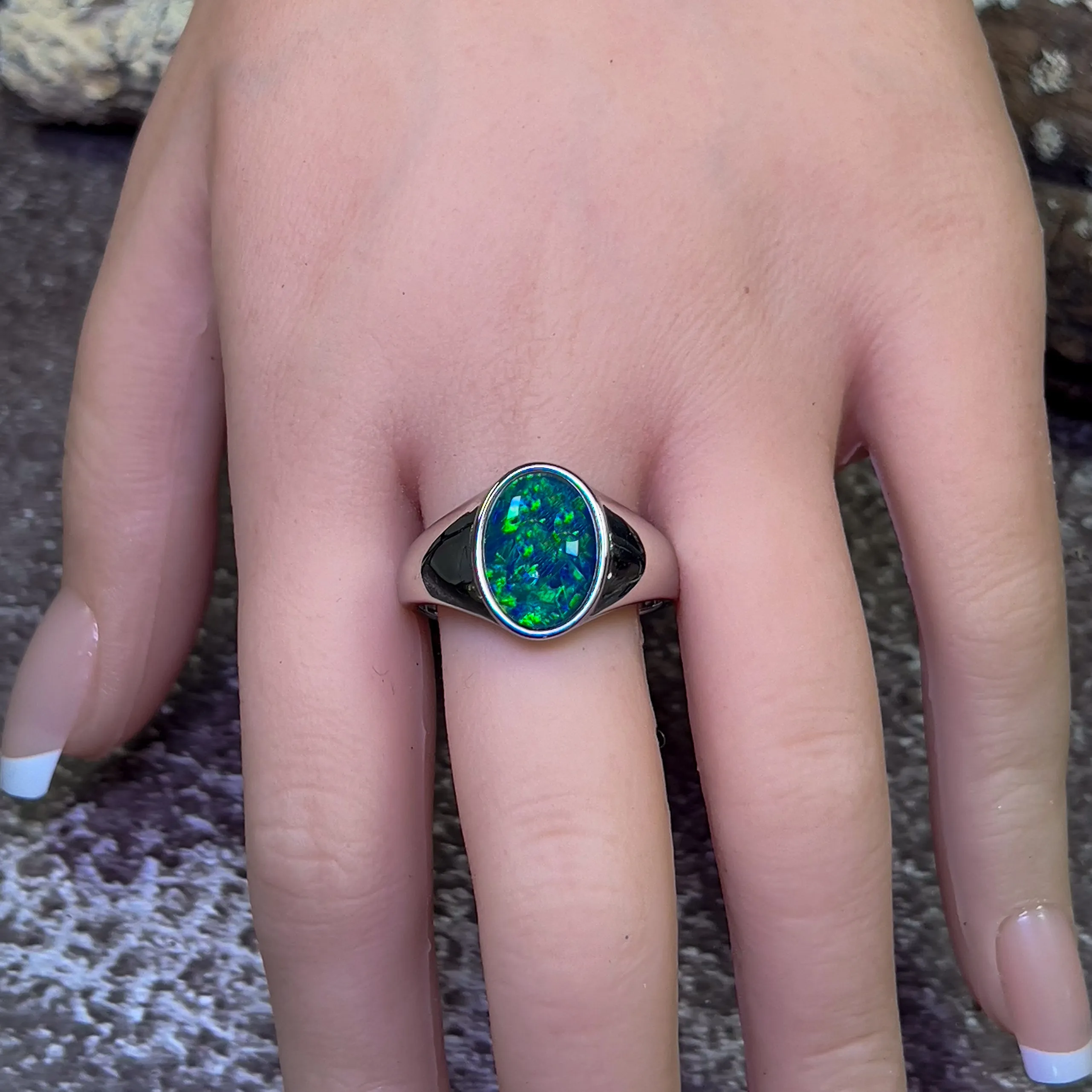 Sterling Silver Signet mens Opal triplet Blue Green ring