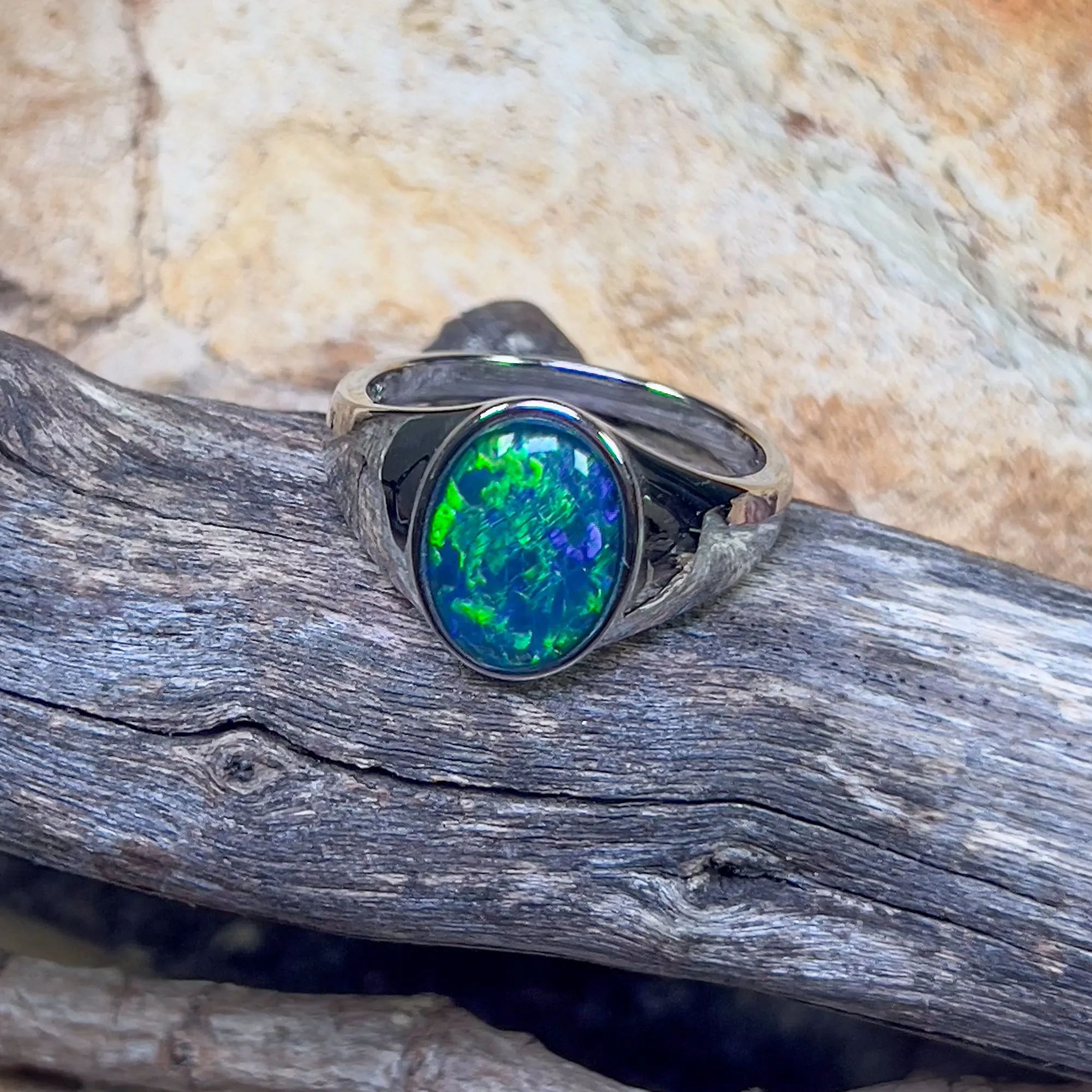 Sterling Silver Signet mens Opal triplet Blue Green ring
