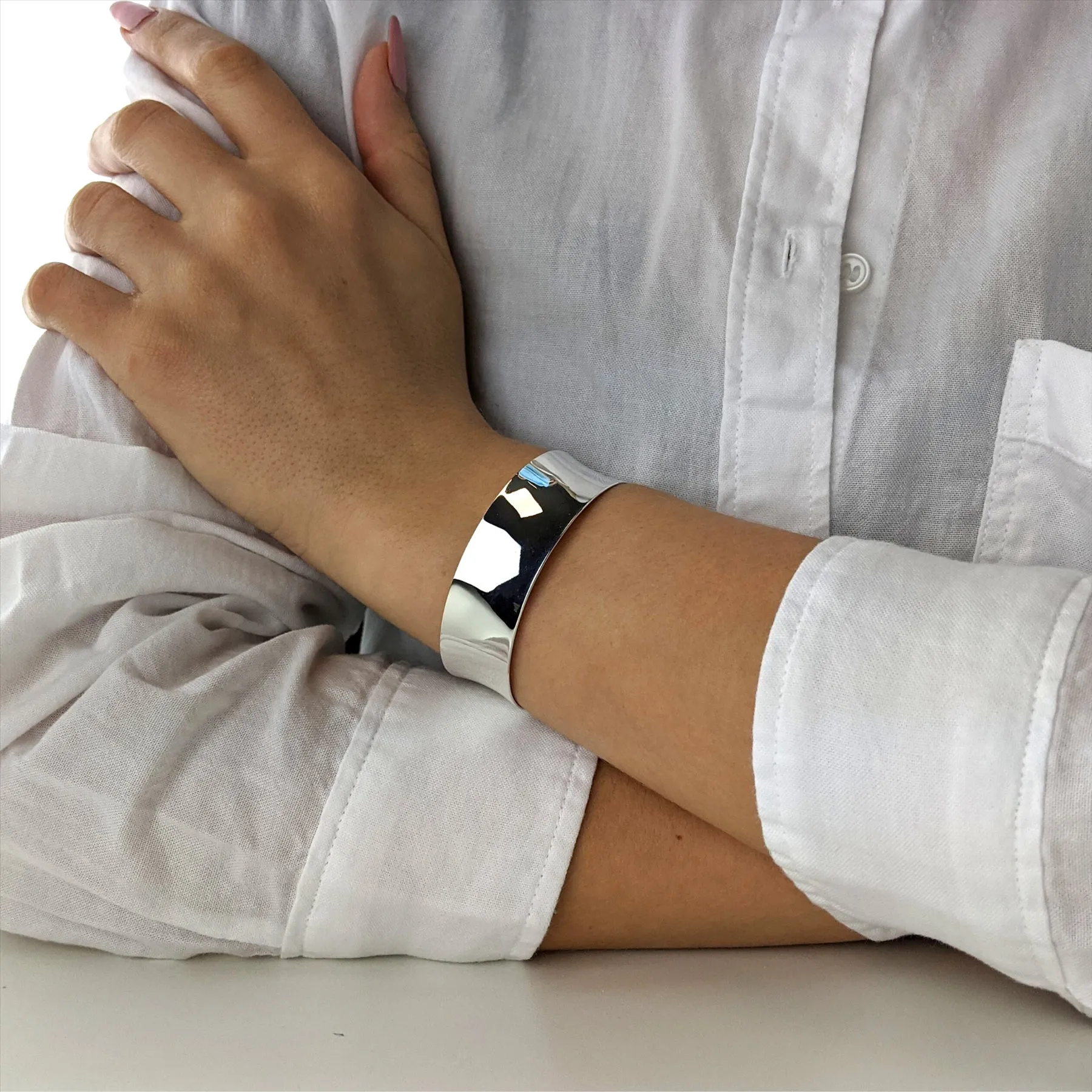 Sterling Silver Wide Polished Concave Cuff Bangle - Adjustable Bracelet