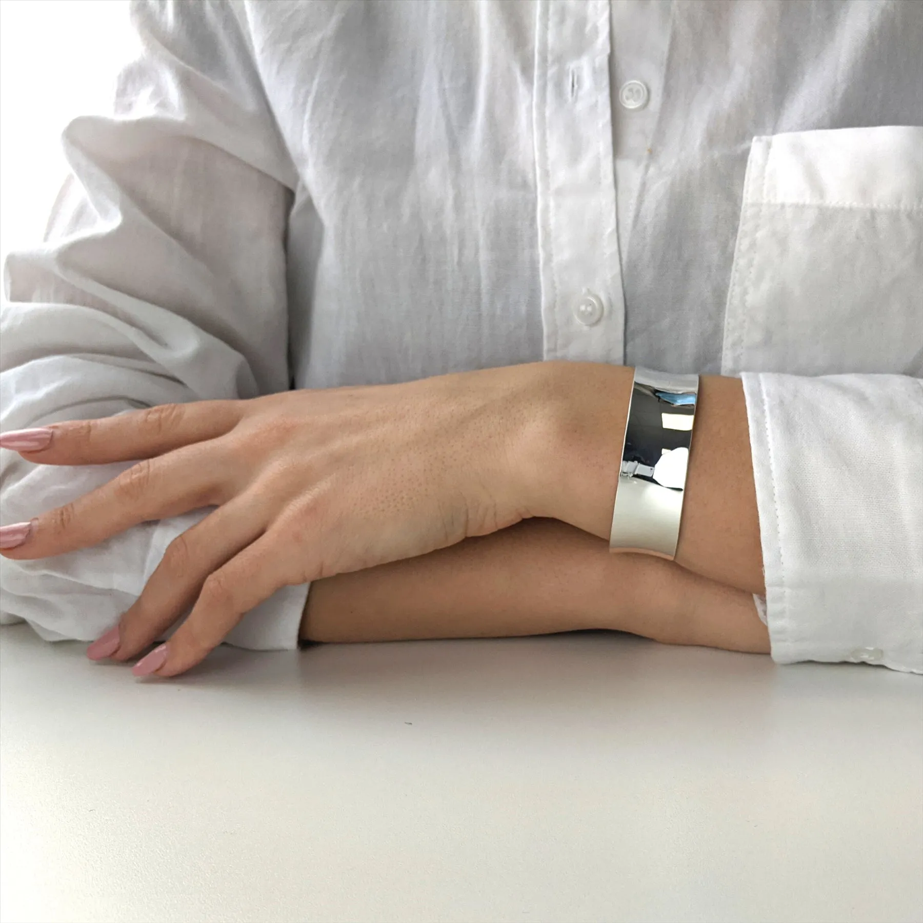 Sterling Silver Wide Polished Concave Cuff Bangle - Adjustable Bracelet