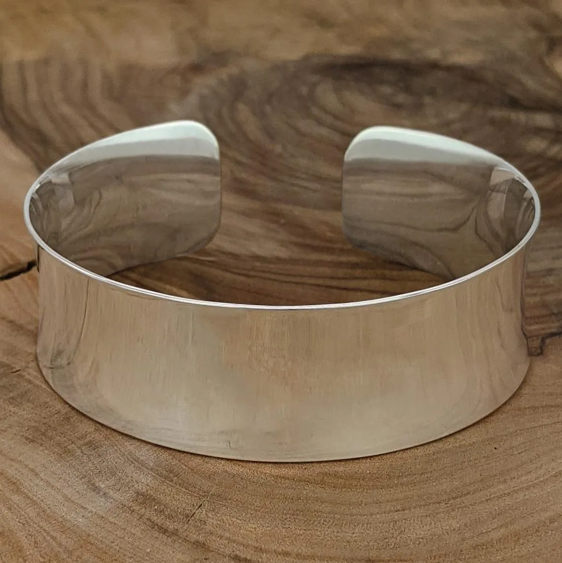 Sterling Silver Wide Polished Concave Cuff Bangle - Adjustable Bracelet