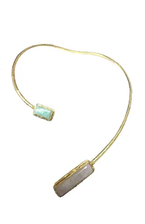 Stiff Brass Necklace Lt Green, White Stone