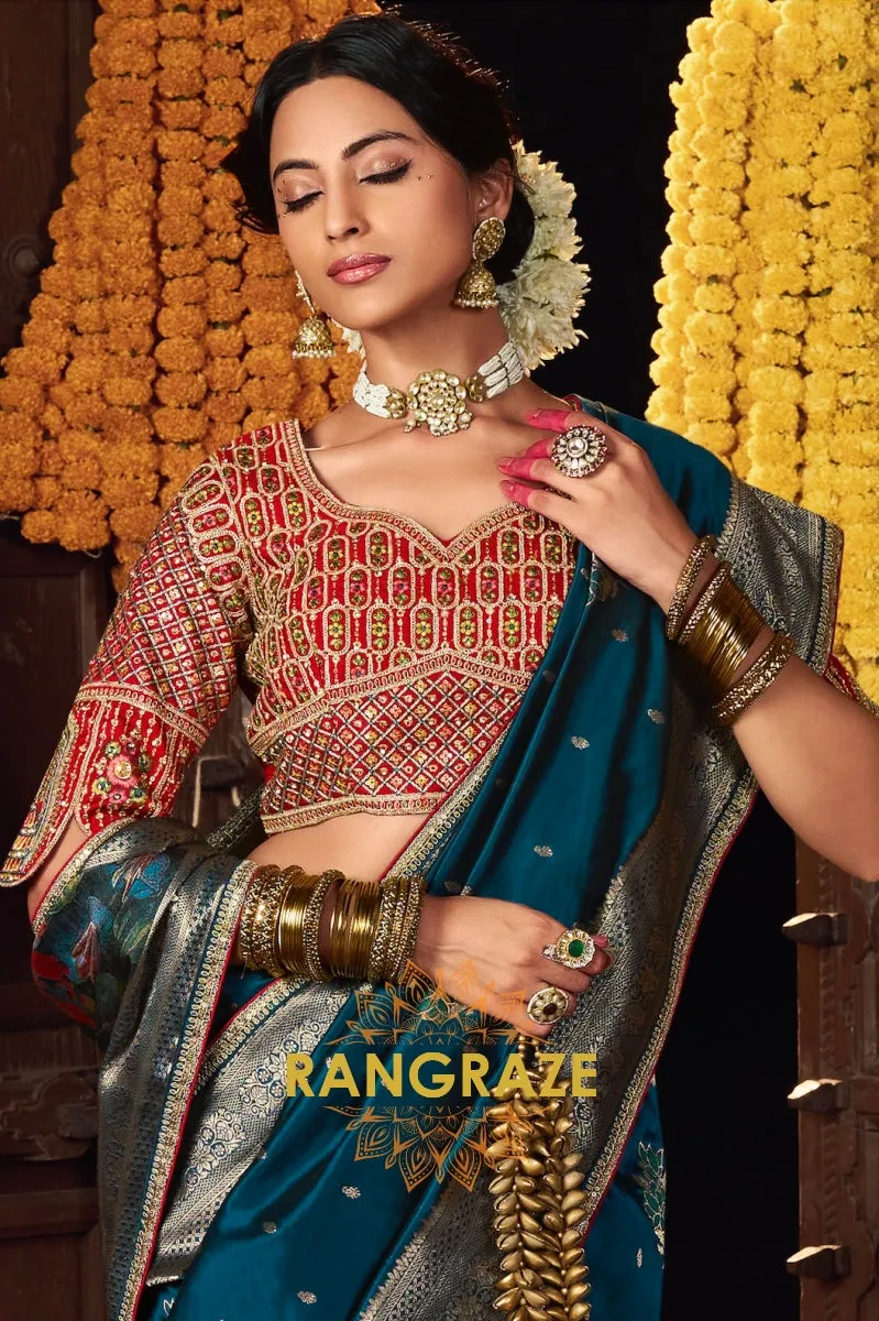 Teal Banarasi Silk Saree with Intricate Silver Zari Embroidery and Rich Designer Blouse