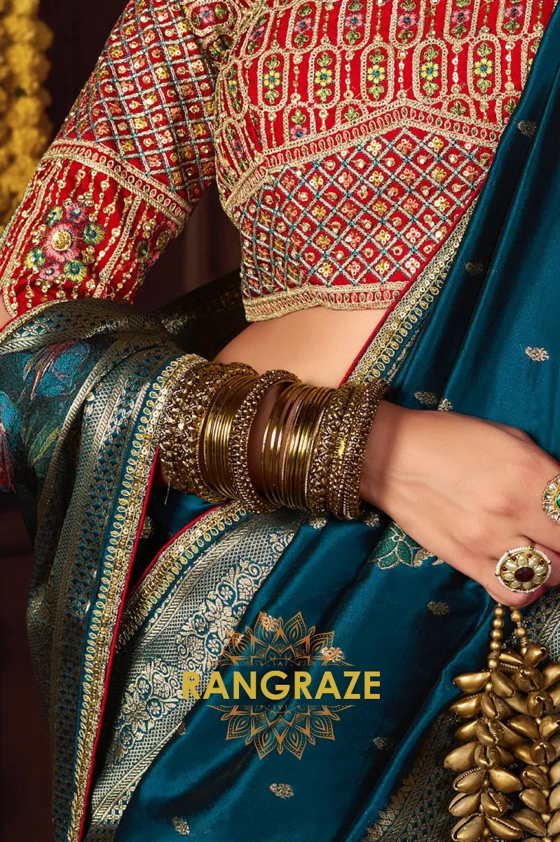Teal Banarasi Silk Saree with Intricate Silver Zari Embroidery and Rich Designer Blouse
