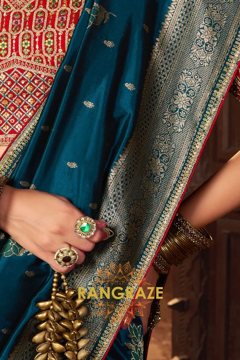 Teal Banarasi Silk Saree with Intricate Silver Zari Embroidery and Rich Designer Blouse