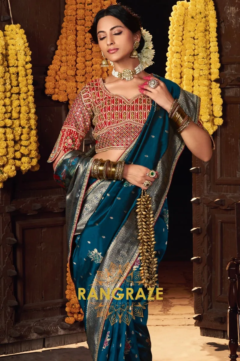 Teal Banarasi Silk Saree with Intricate Silver Zari Embroidery and Rich Designer Blouse