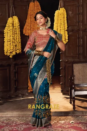 Teal Banarasi Silk Saree with Intricate Silver Zari Embroidery and Rich Designer Blouse