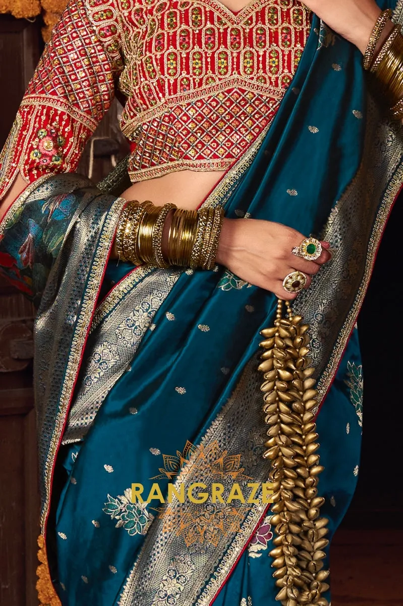 Teal Banarasi Silk Saree with Intricate Silver Zari Embroidery and Rich Designer Blouse