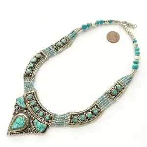 Tibetan, Contemporary Collar, Silver, White Metal and Turquoise, 20 inches