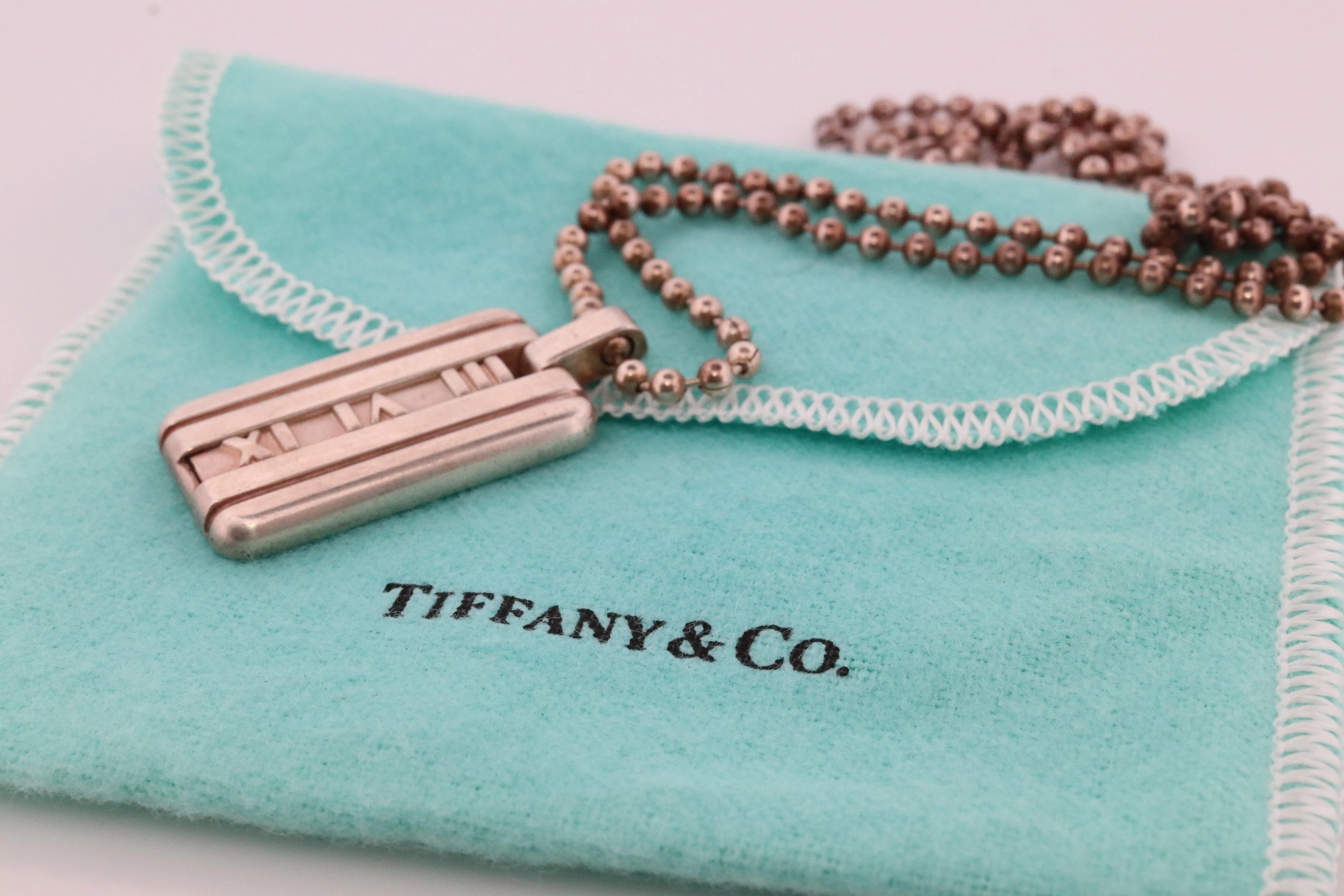 Tiffany and Co Atlas Pendant. Large Atlas Dogtag Roman Sterling Silver Necklace