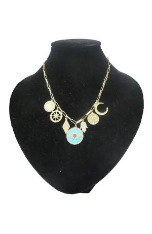 Turquoise EE Hamsa 7 Charm Necklace