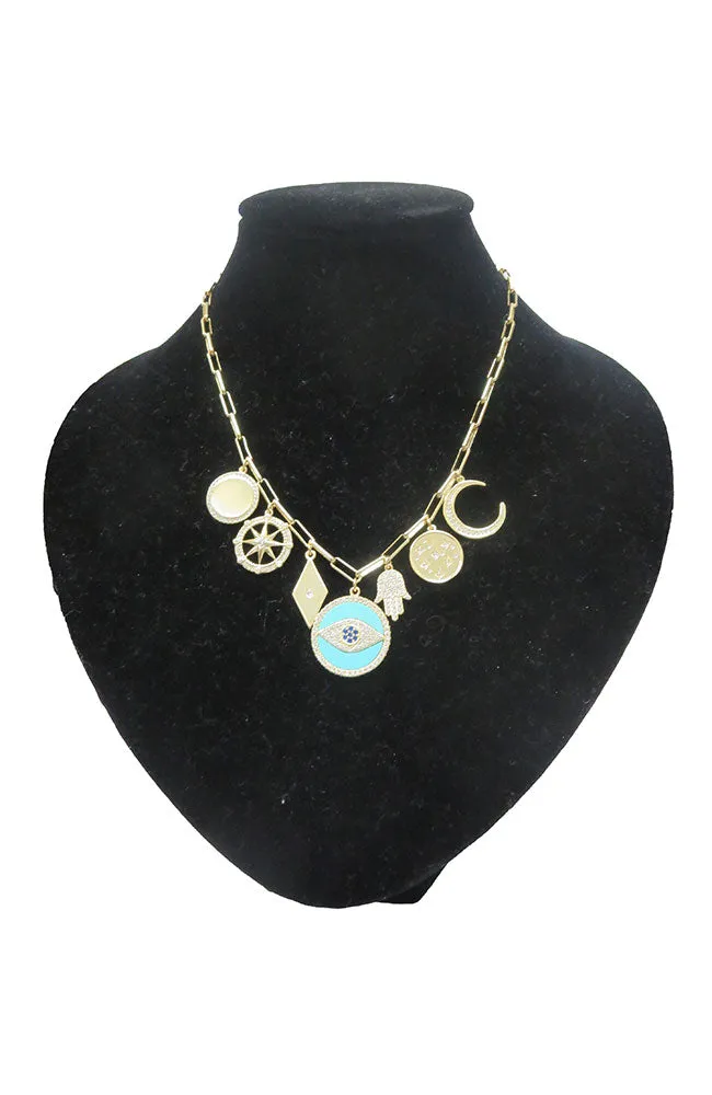 Turquoise EE Hamsa 7 Charm Necklace