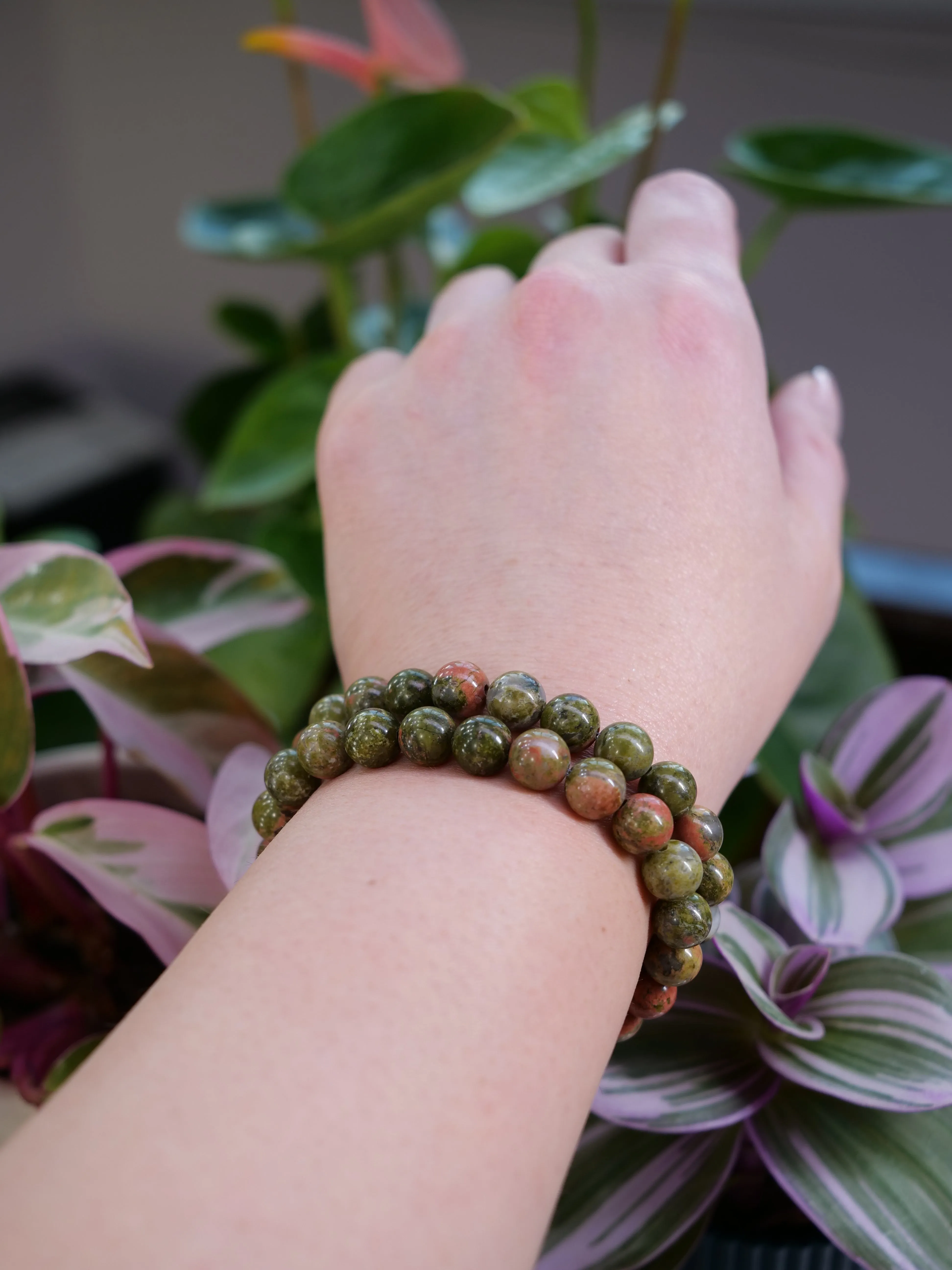 Unakite 8mm Beaded Natural Gemstone Elastic Bracelet, Genuine Top Grade Gift Jewelry, Men Women Fashion Crystal Energy Jewellery